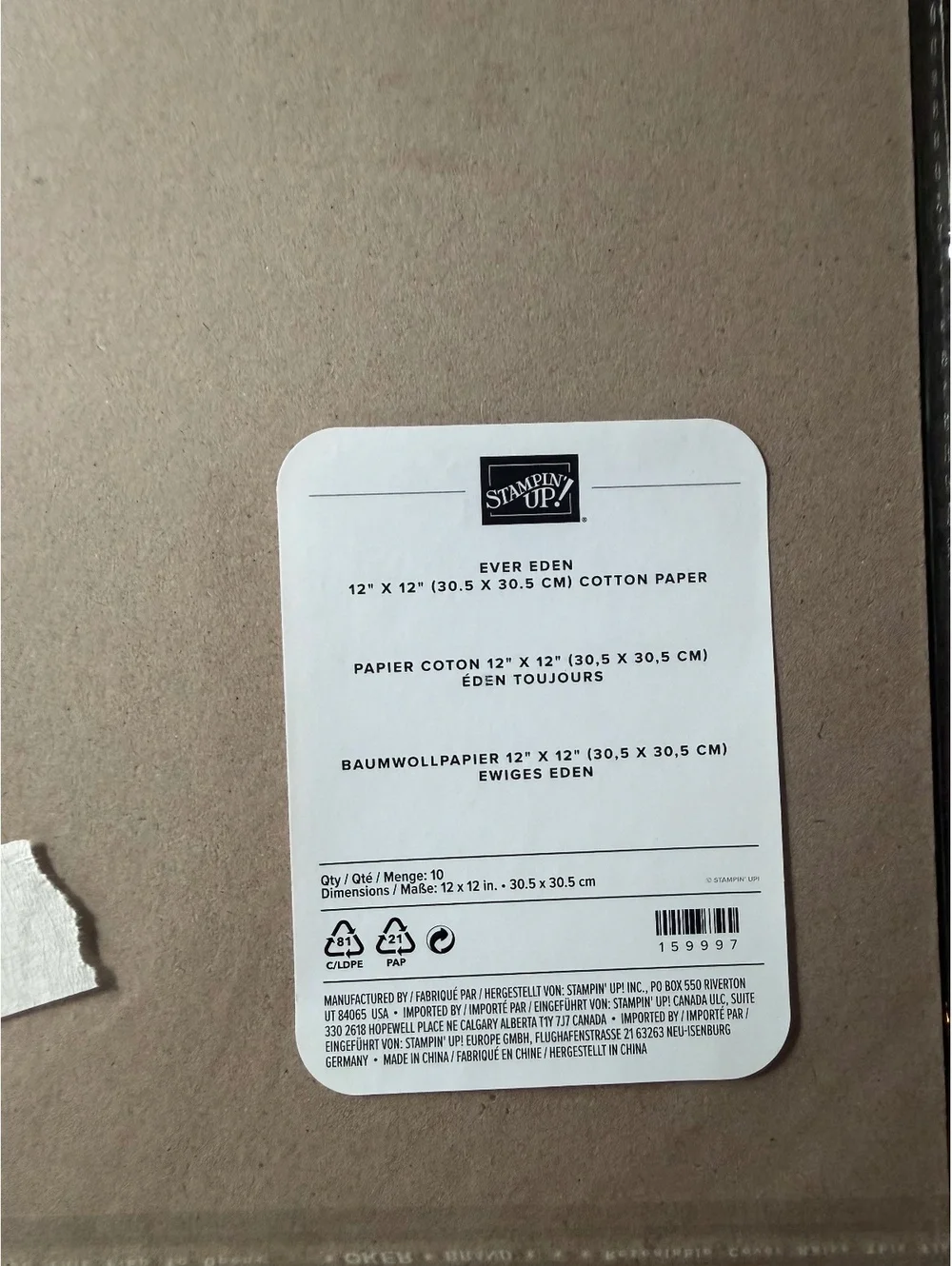Stampin’ Up Ever Eden Cotton Paper 12x12